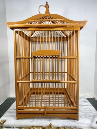 Vintage Wood Bird Cage Square Hand Crafted Pagoda Style 22” Tall Painted Hanging