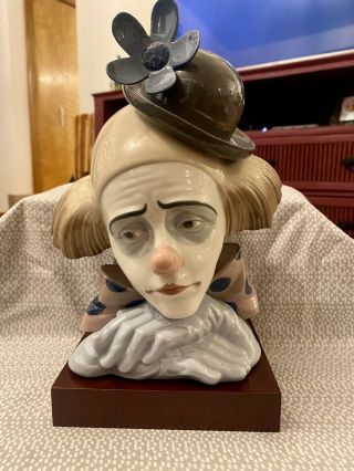 Lladro 5130 Retired Pensive Clown Bust Head W/ Pedestal