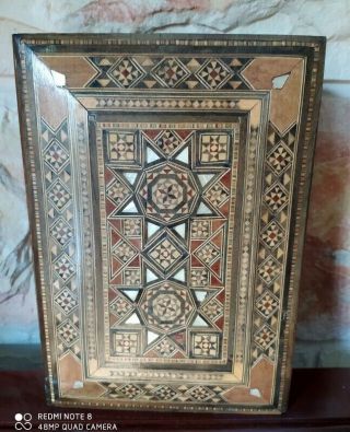 Vintage Islamic Mosaic Inlaid Wooden Jewelry Big Box Middle Eastern Marquetry