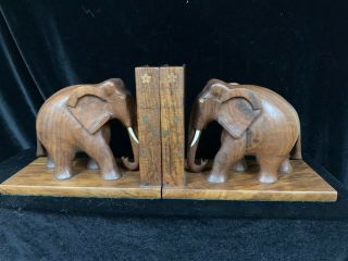 Vintage Carved Elephant Bookends Wood Wooden Book Ends Statues With Metal Inlay