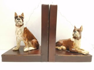 Vintage Set Of 2 / Bookends - Boxers Dogs - Leather Base - Very Unique