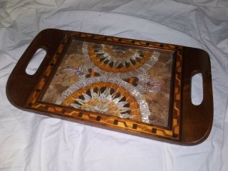 Vintage Butterfly Wing Art Wood Inlay Serving Tray Rio De Janeiro Brazil 14 X 8