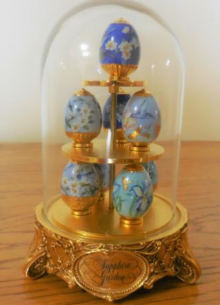 Set Of 8 Hand Painted Ltd.  Ed.  Faberge Sapphire Garden Miniature Eggs Cp06022