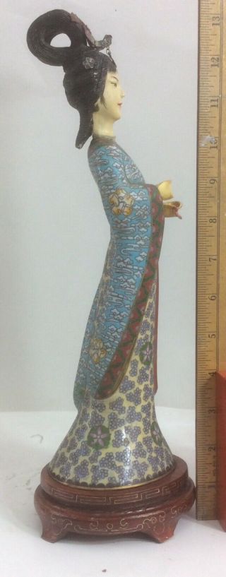 Antique Cloisonne Figurine Lady With Inlaid Stand 13 "