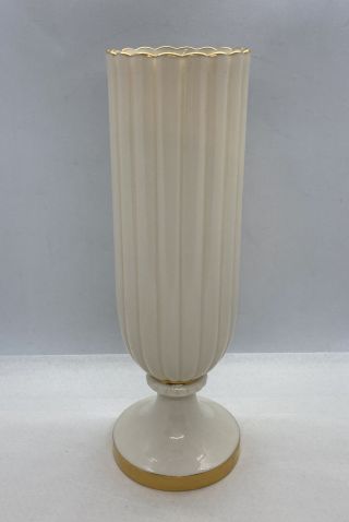 Rare Vintage Lenox Ivory Color Fluted Vase Floral Motif Base Old Blue Mark 10.  5”