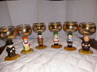 Vintage Set (6) Hummel Goebel Figural Wine Glasses W.  Germany Gold Gilt