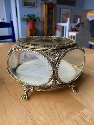 Vintage Jewelry Trinket Casket Box,  Ormolu Gold Filigree,  Beveled Glass