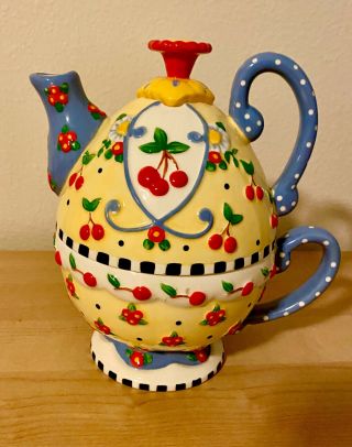 Rare Signed Mary Engelbreit 2002 Tea For One Cherry Ceramic Teapot,  Lid,  And Cup