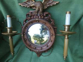 Vintage Syroco Gold Federal Style Eagle Convex Mirror With Candle Lamps