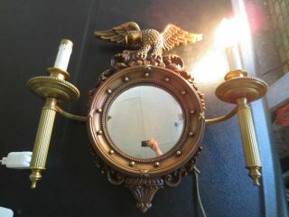 VINTAGE SYROCO GOLD FEDERAL STYLE EAGLE CONVEX MIRROR WITH CANDLE LAMPS 2