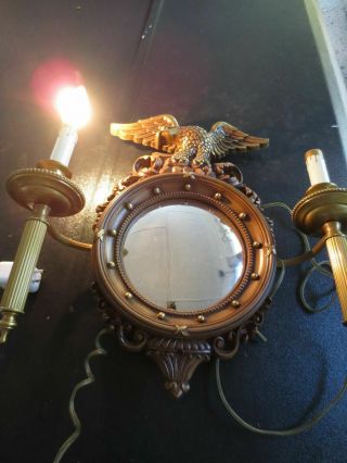 VINTAGE SYROCO GOLD FEDERAL STYLE EAGLE CONVEX MIRROR WITH CANDLE LAMPS 3