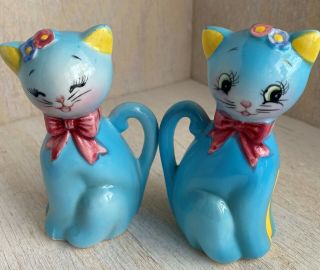 Vintage Norcrest Japan Blue Cat Ceramic Salt & Pepper Shakers Anthropomorphic