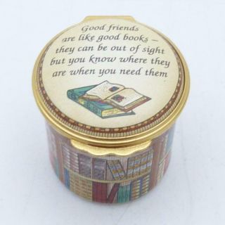 Vintage Halcyon Days Enamel Pill Box - Good Friends Are Like Good Books
