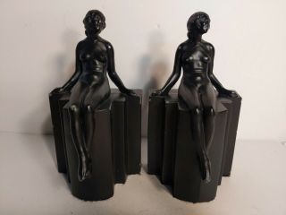 1930s Art Deco Nude Bookends Bronze Finish Spelter Metal Figural Ladys
