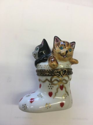 Limoges France Peint Main Chamart Cats Kittens In Heart Stocking Signed Limited