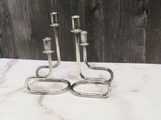 Pair Mid Century Modern Pm Italy Silver Plated Candlesticks