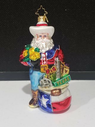 Radko Christmas Ornament Cowboy Santa Claus Texas Yellow Roses Bag Of Gifts