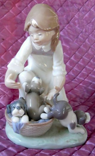 Lladro 5595 " Joy In A Basket " Girl With 3 Puppy Dogs In A Basket - E - 24 N -