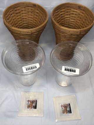 2 Longaberger Floral Vase Basket With Plastic Protector Set Collectors Club 2003