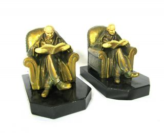 Art Deco Bronze Clad Bookends By Jb Hirsch,  John Ruhl Man In Chair Reading Book