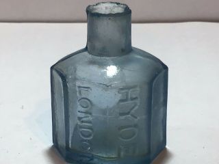 Rare Blue Hyde London Embossed Octagonal Victorian Shear Lip Old Ink Bottle