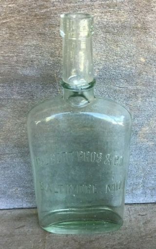 Vintage Embossed Advertising Whiskey Bottle Gilbert Bros Baltimore Maryland
