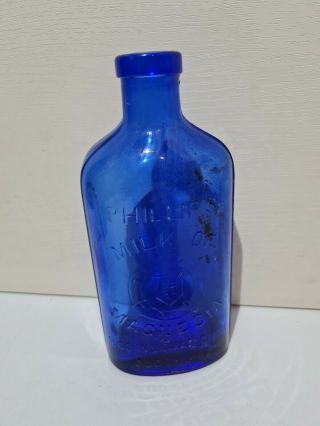Vintage Antique Philips Milk Of Magnesia Large Cobalt Blue Glass Bottle 1906 7 "