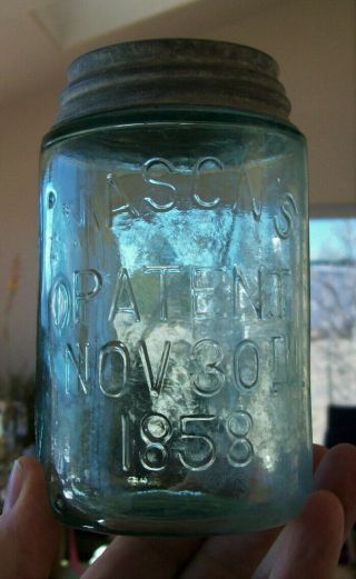 Vintage Light Green Mason’s Patent Nov 30th 1858 Pint Fruit Jar