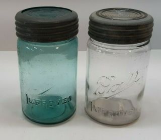 2 Vtg Ball Improved Pint Mason Jars With Glass Lids And Zinc Rings Clear & Aqua