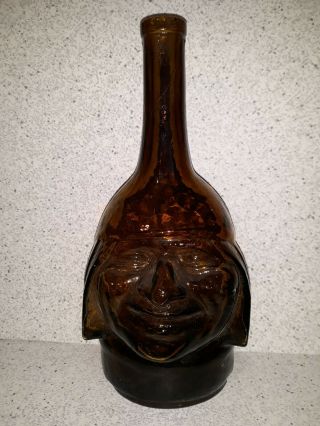 Vintage Amber Ranuzzi Inca Man Head Lima Peru Collectible Liquor Bottle 10.  5 "
