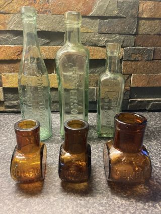Vintage Paterson “camp” Bottles X 2,  Symingtons Coffee & 3 Bovril Jars