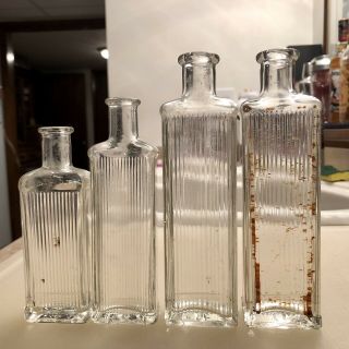 Set Of 4 Antique Clear Ribbed/ridged Poison Bottles 1930s Cork Tops Diff Sizes