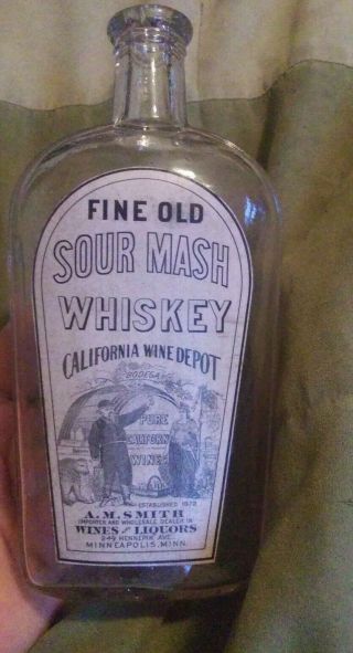 Antique Clear Glass Advertising Bottle " Fine Old Sour Mash Whiskey " Paper Label