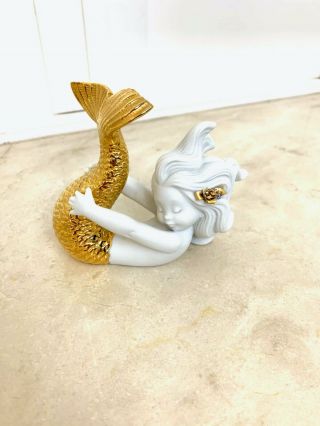 Lladro Playing At Sea Mermaid Figurine.  Golden Lustre 01008559