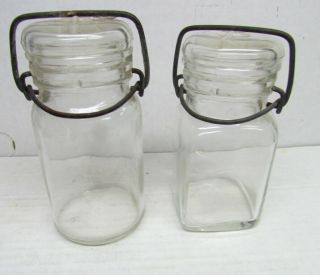 Pair Vintage Half Pint Canning Jars Bale Lids Square 5 " Round 5.  5 " Hazel Atlas