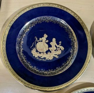 Set Of 5 Porcelain Limoges Castel France Cobalt Blue Plate With Gold Trim