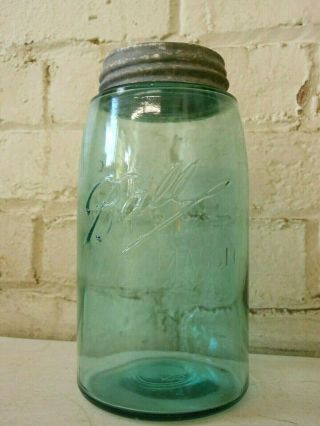 Antique 1 Qt.  Green Glass Ball Mason Fruit/ Canning Jar W/ Lid