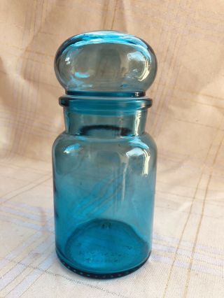 Vintage Aqua Blue Glass Apothecary Jar Bubble Top W/ Seal Art Glass Belgium 7 "