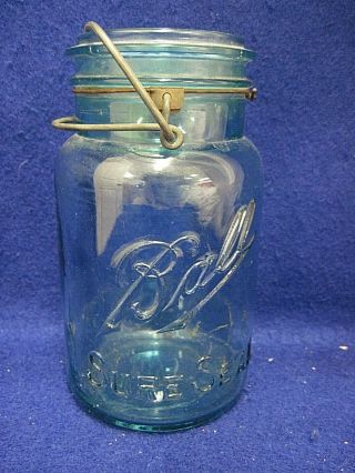 Vintage Ball Sure Seal Blue Quart Size Jar Marked 6 On The Bottom