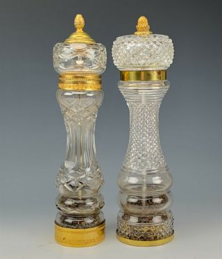 Large French & Italian Gilt Brass Cut Crystal Art Glass Pepper Mill Grinders Tia