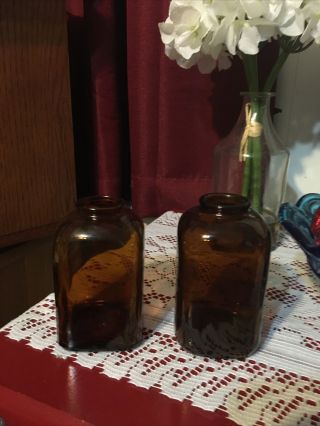 2 Vintage Snuff Tobacco Bottle Jars (4 Dots) Amber Brown Glass 4.  25 " In.