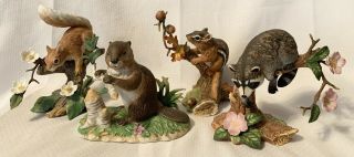 4 Lenox Woodland Squirrel,  Chipmunk,  Racoon,  Beaver,  Porcelain Bronze Figurines