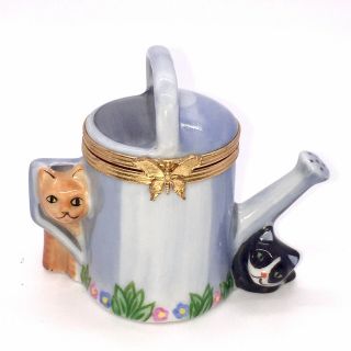 Tiffany Limoges France Peint Main Kittens & Garden Watering Can Box Cats Flowers