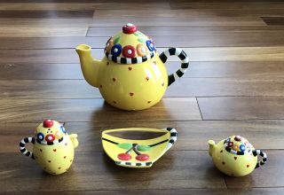 Mary Engelbreit Afternoon Tea Yellow Teapot / Spoon Rest / Salt Pepper Shakers
