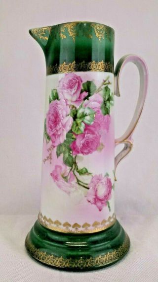 Antique Porcelain Handled Flower Vase Pitcher Rose Design Austria 12.  25 "