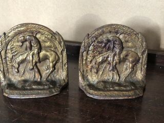 Vintage Cast Iron Bookends End Of The Trail Indian Warrior W/ Spear On Horseback