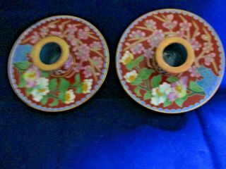 Pair Chinese Bronze Cloisonne Candlesticks Candle Holders Floral Red 3/4 " Hole