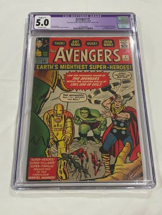 The Avengers 1 1963 Cgc 5.  0 Marvel Comics 1st Appearance Of Avengers