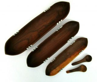 Set Of 3 Primitive Wooden Long Oval Trencher Dough Bowls With Bone Inlay Spoons