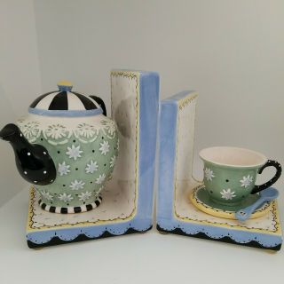 Mary Engelbreit Ceramic Bookends Tea Pot Cup Saucer Set Michel & Company